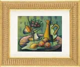 Louis Latapie, Tabletop Still Life, Oil on board tabletop still life shows a pitcher, compote of fruit and fruit on a round wood table