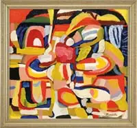Alexander Minewski, Yellow Beach, Oil on canvas modernist abstract scene in colors of yellow, red, blue, white and black