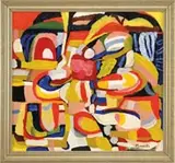 Alexander Minewski, Yellow Beach, Oil on canvas modernist abstract scene in colors of yellow, red, blue, white and black