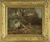 Arthur Frederic Bridgman., Cows in a Wooded Pasture, Oil on canvas depicting two cattle in a wooded pasture with large boulder in the forefront