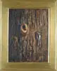 Wayne Beam Morrell, The Tree Visitor, Oil on canvas scene shows a Downy woodpecker perched on the side of a tree, which has made a nest in a knot in the tree
