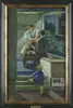 Doris Emrick Lee, The Porch Barber, Oil on canvas scene shows a man cutting another man’s hair while seated on a porch. A young girl and boy look on