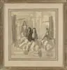 Tom Keogh, Harem Girls, Watercolor and ink sketch shows three seated girls and one standing dressed with head shawls and long dresses