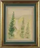 G. J. Bryan, Yellowstone Falls 1935, Watercolor scene shows a waterfall cascading through green trees
