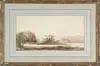 David Levine, Westport Landscape, Bistre ink on paper scene shows water with islands and coastline