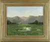 Henry Lewis, Mountain Landscape, Oil on canvas panoramic scene shows field with water and trees against a mountain backdrop under a light blue sky