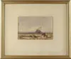 George James Knox, Beached Shipwreck, Watercolor scene shows large three-mast vessel beached on sandy shore with mother and daughter walking toward ship