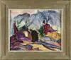 Jacques La Grange van Huyzen, Abstract Figures in Landscape, Oil on masonite abstract scene shows several figures under large mountain with barn