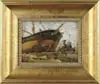 A. R. Giglioni, Dry Dock, Oil on board scene shows a large ship in dry dock with tugboat beside