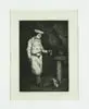 Augustin Théodule Ribot, The Baker and His Cat, Etching shows a standing man dressed in white uniform holding a piece of food over a seated cat