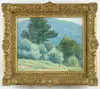 Childe Frederick Hassam, Landscape with Trees and Mountain, Oil on canvas scene shows a large blue mountain as backdrop to a grassy field in foreground, green trees beyond