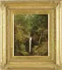 William Ward Gill, Woodlands Waterfall, Fine oil on canvas scene of a small stream waterfall in a thick wooded ravine. Nice detail of a summer scene