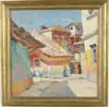 Vladimir Perfilieff, Hanging the Laundry, Oil on board scene shows woman hanging laundry on long clothesline in colorful city street. Probably France or Italy