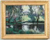 Louis Clesse, Landscape with Pond and Figures, Oil on panel shows two people next to grass banked pond. Colorful backdrop of trees, grass and sky