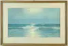 The Surf by Frank Knox Morton Rehn, Watercolor scene shows waves breaking onto beach with sailboat in distance. Bright sun reflects on area of crashing wave, offered Aug 2003