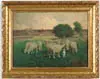 Charles T. Phelan, Sheep in Landscape, Oil on panel scene shows a flock of ten sheep grazing in a green pasture with trees, pond and farm in background