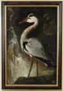 Great Blue Heron by C.E. Wright, Oil on canvas shows large Heron next to tall waterfall. Gray body with white neck and black and white head, offered Aug 2003