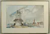 Jacques Ceria Despierre, Windmill in Cityscape, Watercolor scene shows large windmill in town setting with water and building. Water highlighted pencil sketch