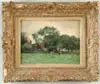 Abraham van der Wissel, View Near Rotterdam, Watercolor scene shows Dutch farm surrounded by tall trees. Foreground with pasture having two cows