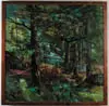 Lawrence P. Sisson, Deep in the Maine Woods, Oil on panel scene shows stream with waterfall and pool below amongst tall trees and rock and flower forest floor