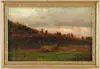 Arthur B. Parton, After the Harvest, Oil on canvas autumn scene shows farmstead with barn and house surrounded by fields with cornstalks and pumpkins
