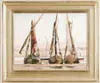 Taber Sears, Morning Mist on the Nile, Wonderful watercolor with vivid colors shows three sailboats pulled up on sandy beach. Water and mountains beyond