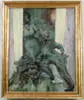 Joseph Raskin, Around the Bend, Oil on canvas doorway scene shows man on steps talking to woman leaning against doorway. Two others walk away