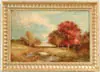 Fall Landscape by W.H.G, Oil on canvas scene shows large trees surrounding small meadow with water in distance. Possibly a Connecticut view, offered Aug 2003