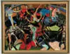 William Sharp, Corrida, Oil on masonite modernistic abstract scene of bull fighters and bulls in bull ring. Nice bright colors