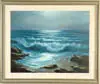 Richard C. Hasenfus, Evening on Maine Coast, Oil on canvas scene shows crashing waves on rocky and sandy coastline. Moon reflects on a blue/green ocean