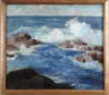 George Sanders Bickerstaff, Coastal Seascape, Large oil on canvas scene shows crashing waves on rocky coastline. One sail in distance, bright blue ocean