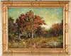Rudolph F. Bunner, Majestic Oak, Oil on panel autumn scene shows tall crimson colored oak tree amongst other trees and field