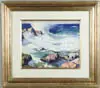 John Lavalle, Crashing Surf, Watercolor of white and green surf against rocky coast. Deep blue water