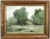 George A. Traver, Summer Landscape with House and Pond, Oil on board scene shows house nestled in thick woods next to edge of pond with green shoreline
