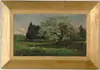 Apple Tree in Spring by George William Whitaker, Oil on panel scene shows large apple tree in blossom next to stone wall and fenced meadow, offered Aug 2003