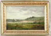 Mary Kollock, Shoreline Landscape, Oil on canvas scene shows two buildings with water and marsh. Hillside and sandy shore, cloudy sky