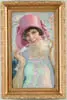 Livingston Greer, Spring Beauty, Oil on canvas portrait of a young woman in spring dress with pink hat. Apple blossom branches as backdrop
