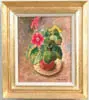 Herbert Meyer, Still Life of Flowers, Oil on canvas still life shows small pot of two red flowers amongst green leaves. Reddish pot sits on yellow underplate