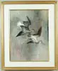 Arthur Davenport Fuller, Yellowlegs in Decent, Large watercolor shows two yellowlegs birds flying left to right appearing to come in for a landing. Mottled background