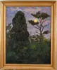 Frank Hermann, Evening Landscape, Watercolor/gouache scene shows tall trees hiding bright yellow sun/moon in a blue and purple sky