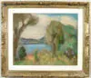 Bernard Gussow, Landscape with Lake, Pastel scene shows lake surrounded by low hills. Foreground with trees in a summertime landscape