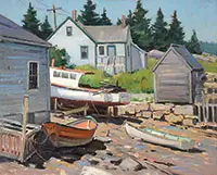 Junius Allen, Boatyard Maine, Oil on canvas board