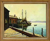 Fishing Trawler at Dock by C. Hjalmar Amundsen, Oil on canvas, offered Aug 2017