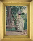 Louis Betts, Young Girl Petting a White Dog in the Park, Oil on canvas