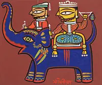 Jamini Roy, Two Men on Elephants, Gouache on card stock