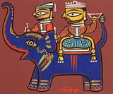Jamini Roy, Two Men on Elephants, Gouache on card stock
