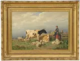 Edmund Tschaggeny, Milkmaid Entering a Field with Cows and Sheep, Oil on canvas