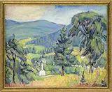 Emily Nichols Hatch, Two Works: Valley Landscape Weston Vermont and Building in Pines, Oil on canvas boards