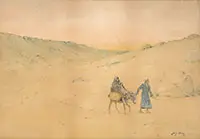 Henry Bacon, Orientalist Scene with Woman and Baby on a Donkey, Watercolor on paper