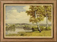 Fritz Saliger, River Landscape with Birch Trees, Oil on canvas